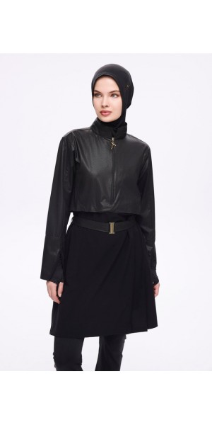 5027 Siyah Kemer Toka Detaylı Dokulu Kumaş Tesettür Mayo Takımı tesetturmayoburada