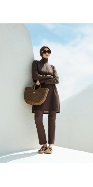 5067 Esila Dokulu Kumaş Kahverengi Tesettür Mayo Takımı tesetturmayoburada