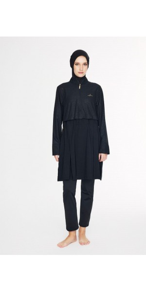 5081 Siyah Vaha Dokulu Kumaş 5 parça Tesettür Mayo tesetturmayoburada