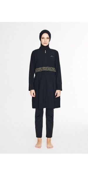 5086 Siyah Vaha Altın Renk Nakış Detaylı 5 parça Tesettür Mayo tesetturmayoburada