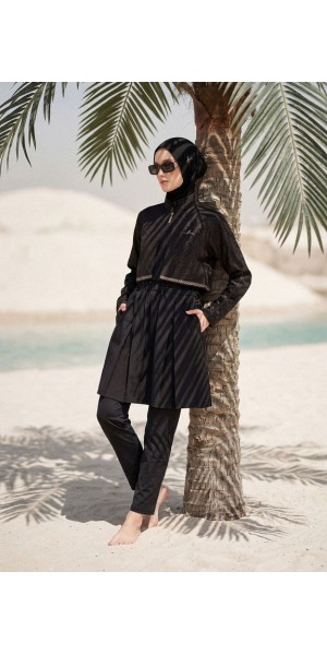 5087 Siyah Vaha Dokulu Kumaş Nakışlı Detaylı 5 parça Tesettür Mayo tesetturmayoburada