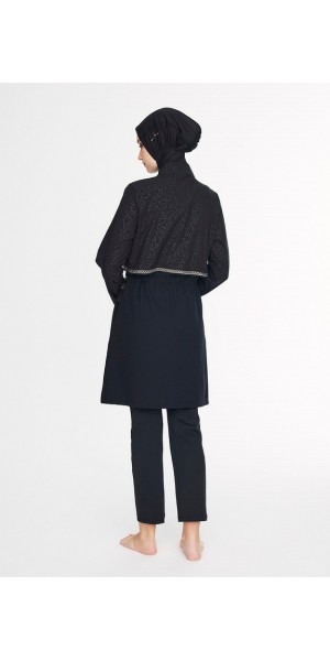 5087 Siyah Vaha Dokulu Kumaş Nakışlı Detaylı 5 parça Tesettür Mayo tesetturmayoburada