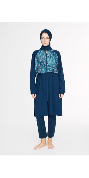 5090 Lacivert Vaha Göğüs Kısmı Desenli 5 parça Tesettür Mayo tesetturmayoburada