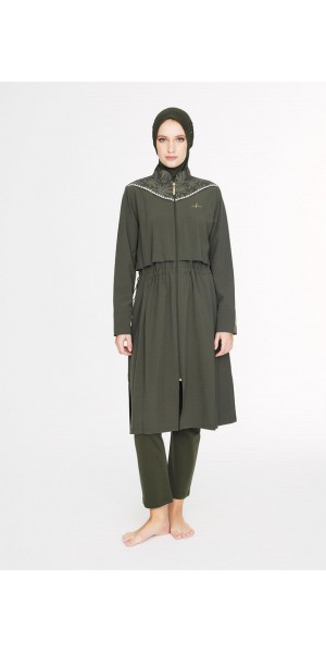 5097 Haki Vaha Omuz Bölgesi Palmiye Desenli 5 parça Tesettür Mayo tesetturmayoburada