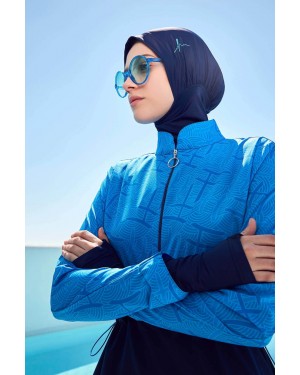 2934 Esila Monogram Desenli Lacivert 5 Parça Tam Tesettür Mayo Takımı