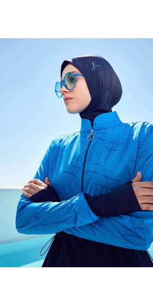 2934 Esila Lacivert Monogram Desenli 5 Parça Tam Tesettür Mayo Takımı tesetturmayoburada