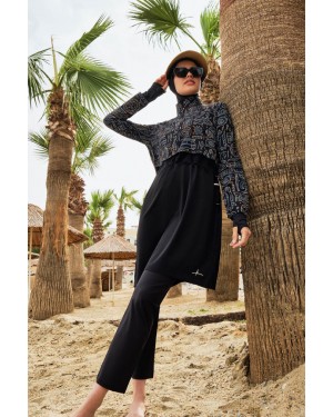 2934 Esila Tatil Tema Desenli Jileli 5 Parça Tam Tesettür Mayo Takımı