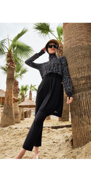 2934 Esila Siyah Yeşil Tatil Tema Desenli Jileli 5 Parça Tam Tesettür Mayo Takımı tesetturmayoburada