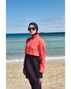 2934 Esila Turuncu Siyah Jileli 5 Parça Tam Tesettür Mayo Takımı tesetturmayoburada