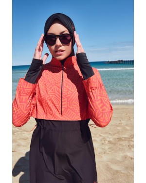 2934 Esila Turuncu Siyah Jileli 5 Parça Tam Tesettür Mayo Takımı