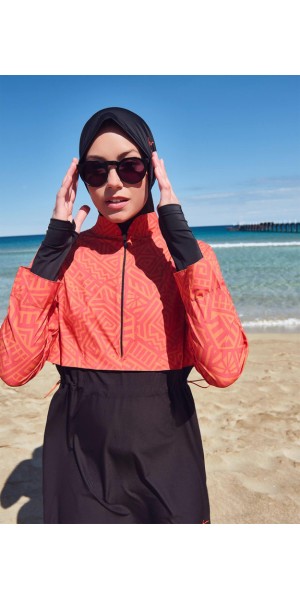 2934 Esila Turuncu Siyah Jileli 5 Parça Tam Tesettür Mayo Takımı tesetturmayoburada