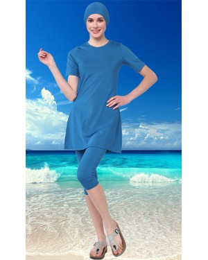 0098 Büyük Beden Kısa Kollu Yarım Kapalı Taytlı Mayo Petrol