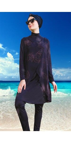 2198 Siyah Likralı Pareolu Tesettür Mayo Takımı tesetturmayoburada