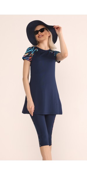 0446 Lacivert Kısa Kollu Yarım Kapalı Taytlı Mayo