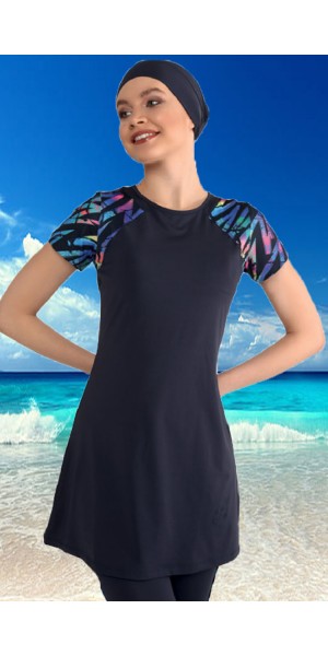 0446 Lacivert Kısa Kollu Yarım Kapalı Taytlı Mayo