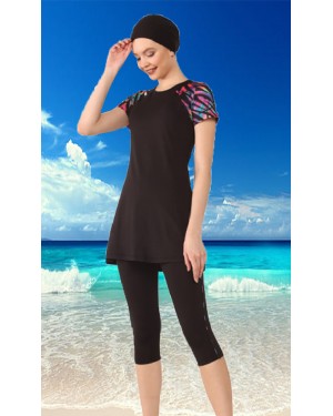 0446 Siyah Kısa Kollu Yarım Kapalı Taytlı Mayo