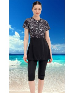 2312 Siyah Beyaz Yarım Kapalı Taytlı Mayo tesetturmayoburada