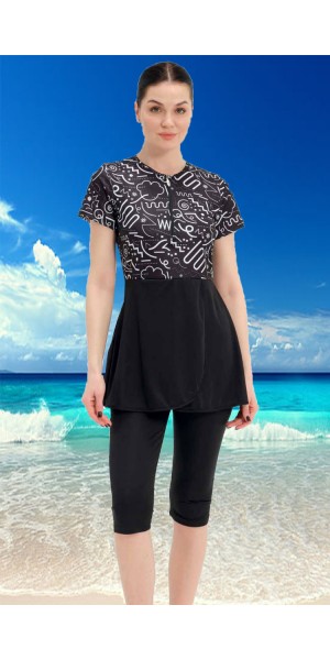 2312 Siyah Beyaz Yarım Kapalı Taytlı Mayo tesetturmayoburada